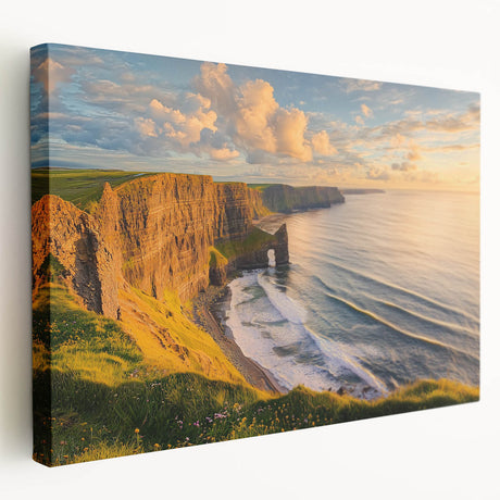 Stretched canvas artwork depicting a breathtaking side view of rugged cliffs under a vibrant sunset, perfect for adding a serene touch to modern home decor.