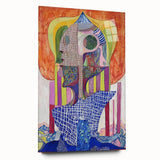 Abstract figurative acrylic artwork showcasing vibrant colors and dynamic shapes, viewed from the side, highlighting the glossy finish and modern design. Ideal for contemporary decor.