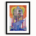 Abstract figurative frame with a black mat, showcasing a modern art piece that blends vibrant colors and intricate shapes, perfect for contemporary decor.