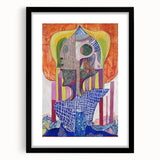 Abstract figurative frame with a black mat, showcasing a modern art piece that blends vibrant colors and intricate shapes, perfect for contemporary decor.