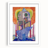 Abstract figurative art frame in white matting, showcasing vibrant colors and unique shapes, ideal for modern home decor or gallery display.