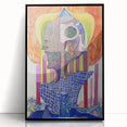 Abstract figurative wall art framed in black acrylic, showcasing vibrant colors and dynamic shapes, ideal for modern home decor and artistic expression.