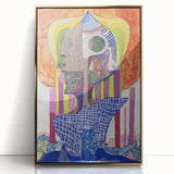 Abstract figurative artwork in a gold-framed acrylic display, showcasing vibrant colors and fluid shapes, perfect for modern home decor and artistic interiors.