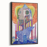 Framed abstract figurative canvas art showcasing a modern design with bold black tones, ideal for contemporary home decor. Side view highlights frame detail.