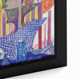 Close-up of an abstract figurative framed canvas artwork, showcasing vibrant colors and intricate details that enhance modern decor, perfect for contemporary art enthusiasts.