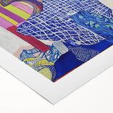 Abstract figurative art print on rolled canvas, showcasing vibrant colors and dynamic shapes, elegantly packaged in a protective cardboard tube for safe delivery.