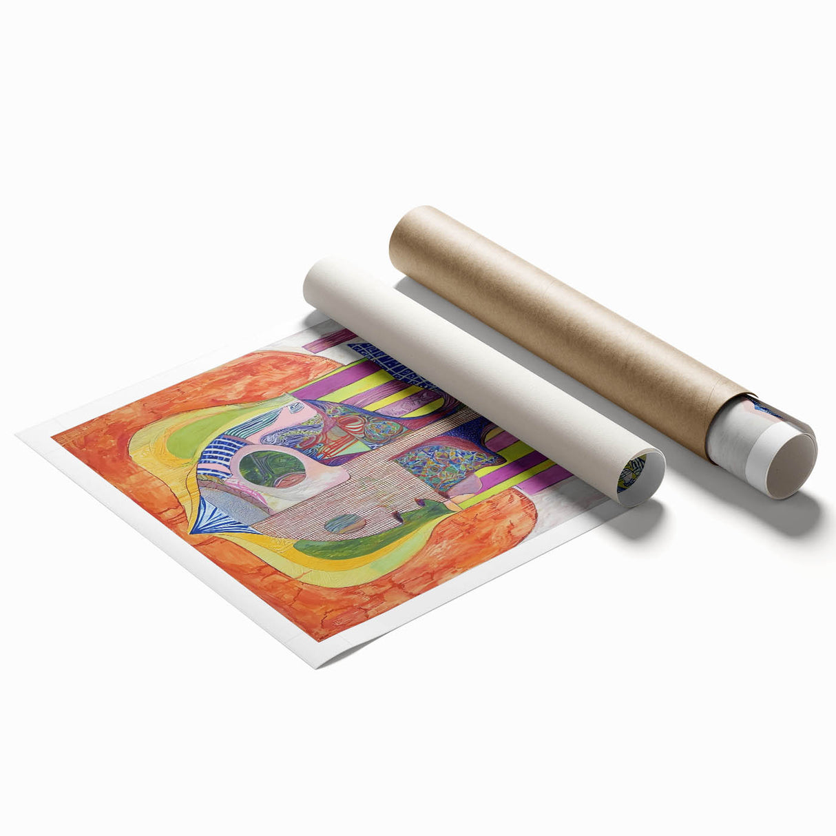 Abstract figurative rolled print showcasing vibrant colors and dynamic shapes, expertly designed for wall decor, packaged in a protective cardboard tube.
