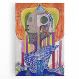 Abstract figurative stretched canvas artwork featuring vibrant colors and dynamic shapes, ideal for modern home decor. Perfect statement piece for living spaces.