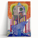 Abstract figurative stretched canvas artwork featuring dynamic colors and shapes, leaning against a neutral wall, ideal for modern home decor.