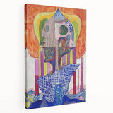 Abstract figurative stretched canvas artwork showcasing vibrant colors and dynamic shapes, viewed from the side to highlight its depth and texture. Perfect for modern home decor.