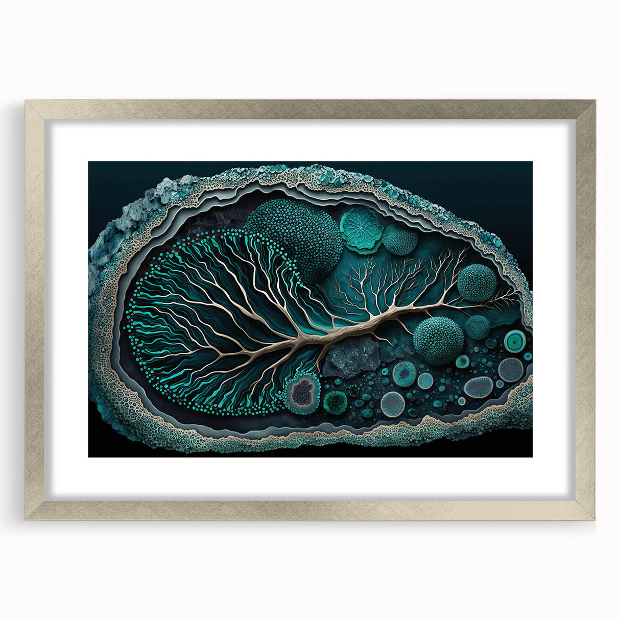 Abstract floral wall art framed in silver, showcasing vibrant colors and intricate patterns. The design features a modern aesthetic ideal for home decor.