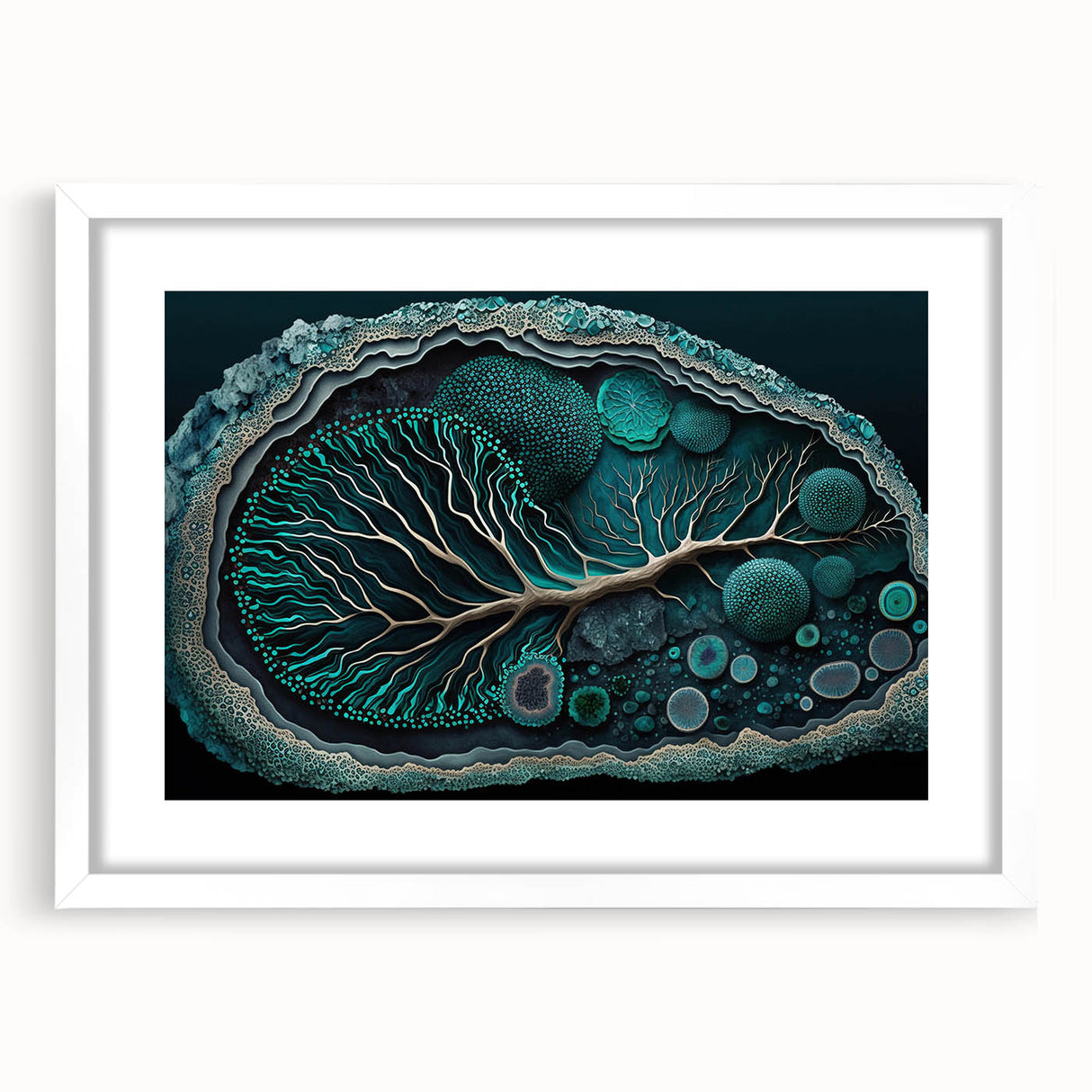 Abstract floral wall art framed in white with a mat, showcasing vibrant colors and intricate patterns, perfect for modern home decor or office spaces.