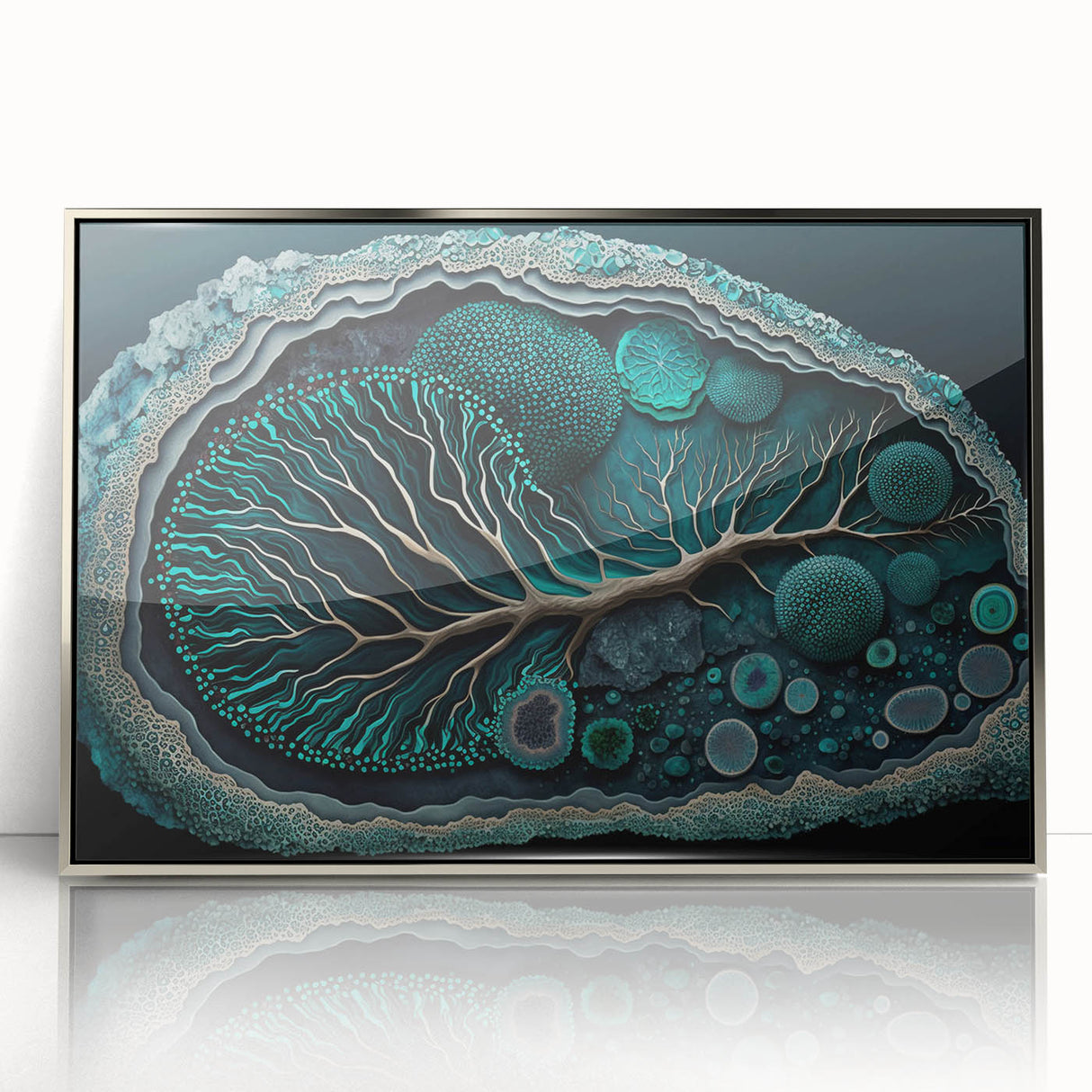Framed abstract floral wall art featuring vibrant colors and intricate designs, set in a sleek silver acrylic frame, ideal for modern home decor.