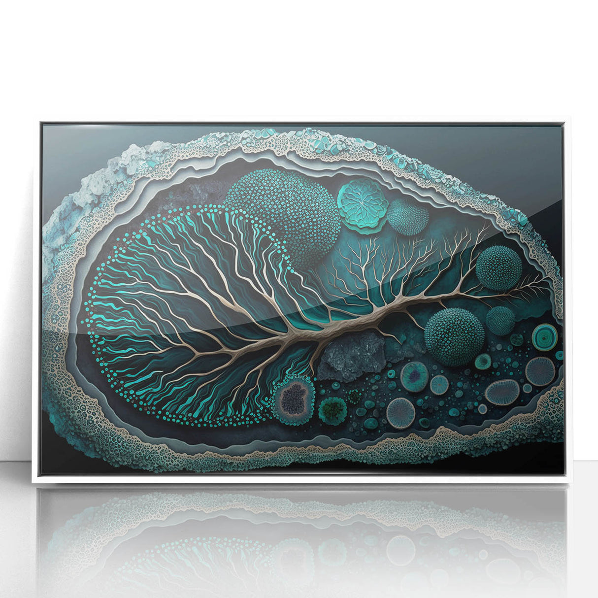 Framed abstract floral wall art in white acrylic, showcasing vibrant colors and intricate designs, perfect for modern home decor and enhancing interior aesthetics.