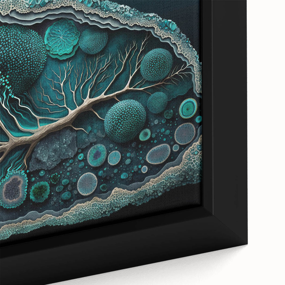 Close-up of a framed abstract floral wall art piece, showcasing vibrant colors of pink, blue, and green against a textured background, ideal for home decor enhancement.