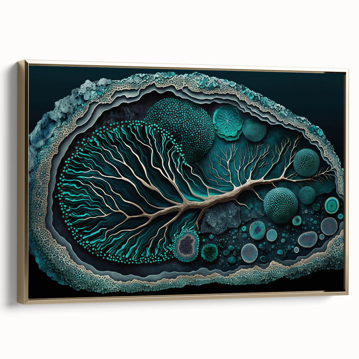 Framed canvas wall art displaying an abstract floral design in vibrant colors, featuring gold accents. The piece has a modern aesthetic, ideal for home decor.