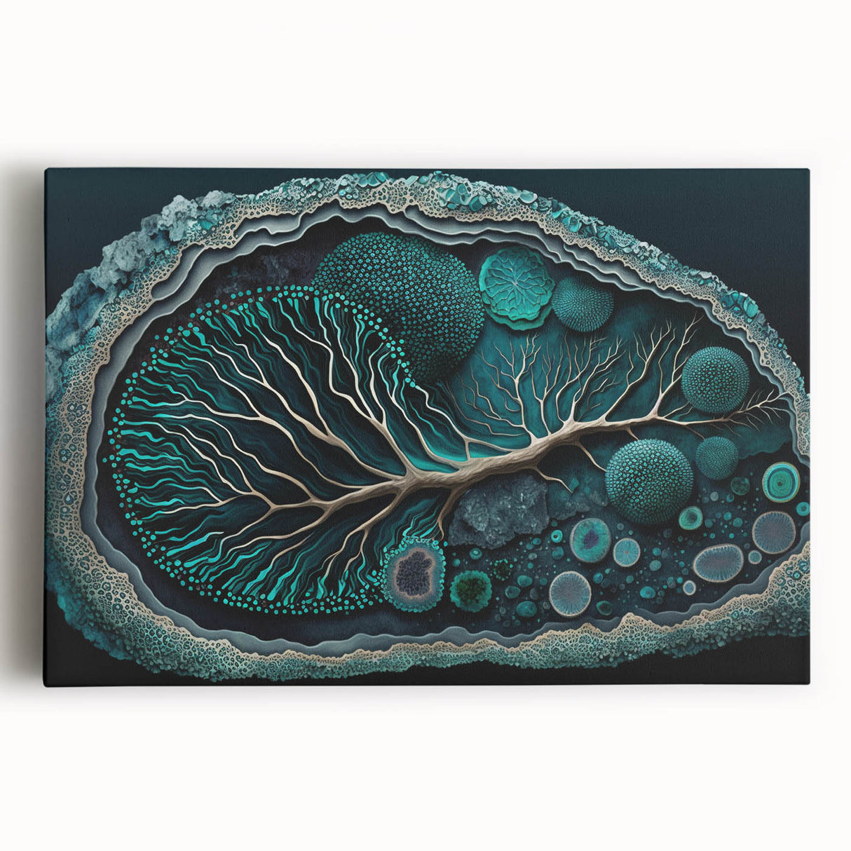 Abstract floral wall art on stretched canvas showcasing vibrant colors and intricate patterns, perfect for modern home decor and adding a touch of elegance to any space.