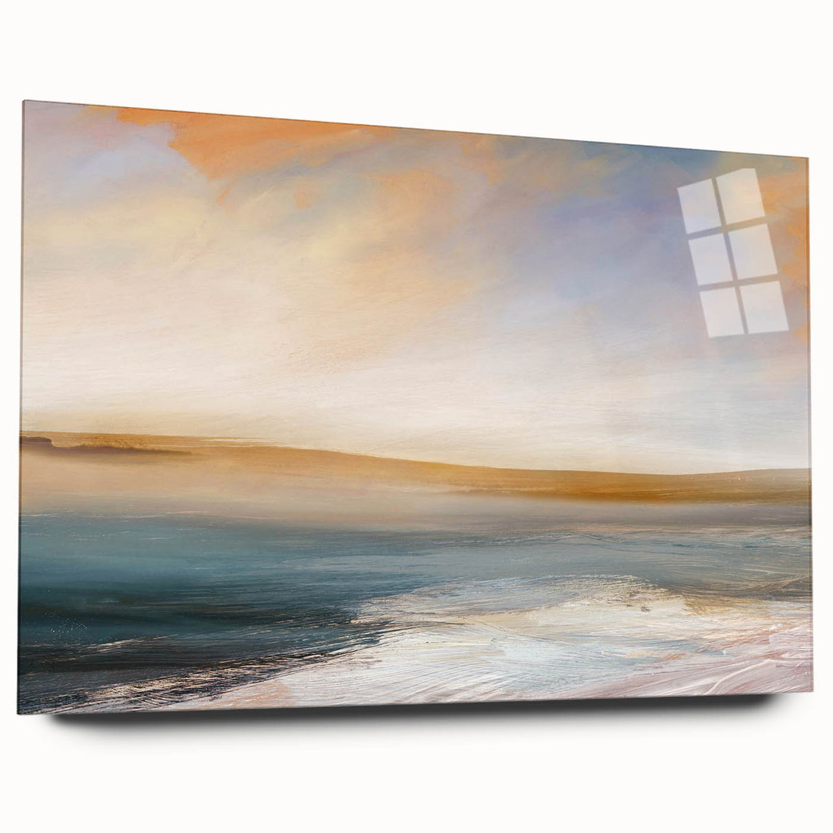 Abstract landscape wall art displayed in a side view, crafted from acrylic glass, showcasing vibrant colors and dynamic shapes, perfect for modern home decor.