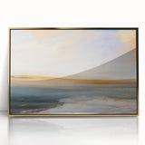 Framed abstract landscape wall art featuring vibrant gold accents and acrylic finish, ideal for modern home decor. Perfect for adding elegance to any space.