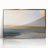 Framed abstract landscape wall art featuring silver acrylic accents, showcasing a modern design that enhances contemporary home decor. Perfect for living rooms or offices.