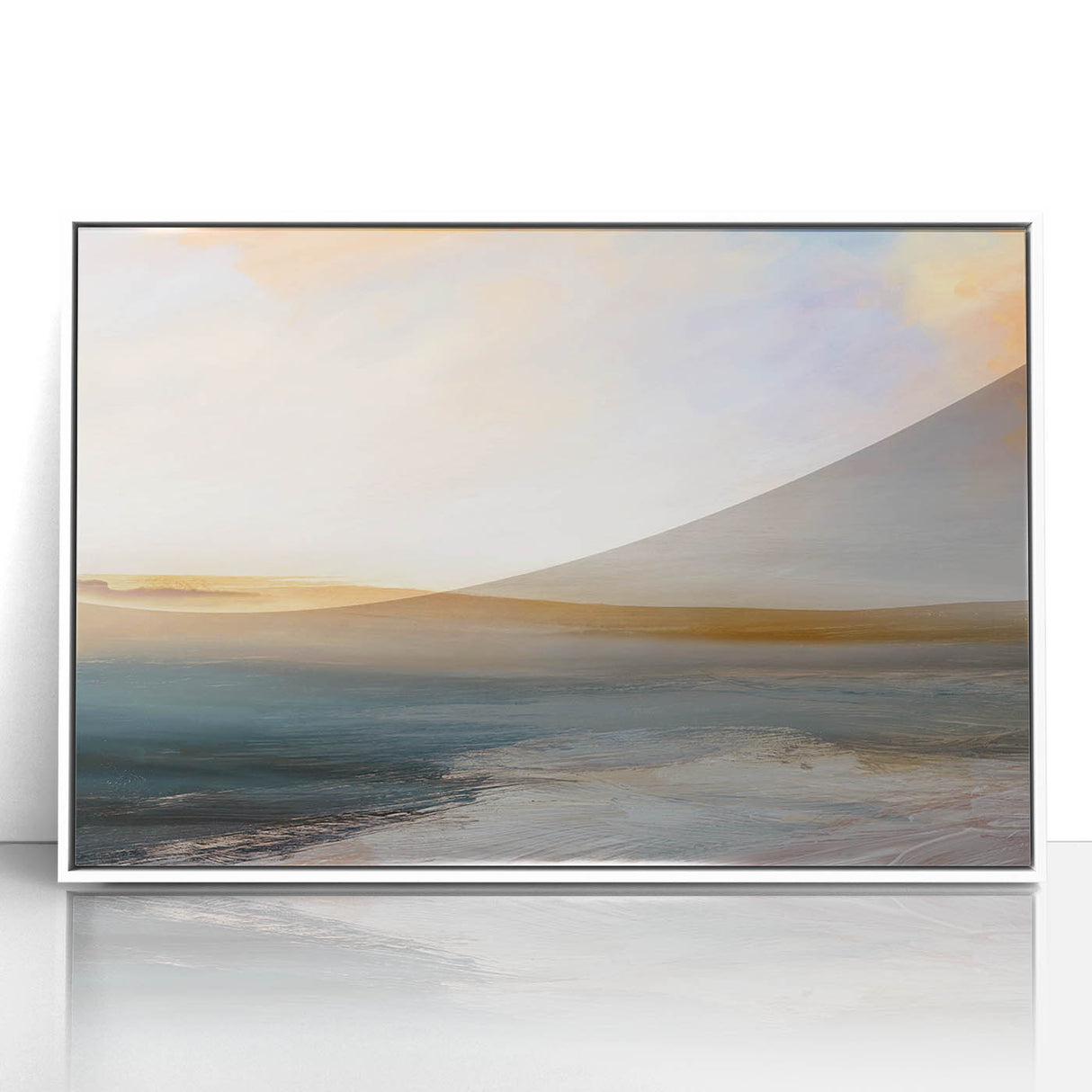 Framed abstract landscape wall art in white acrylic, showcasing vibrant colors and dynamic shapes, ideal for modern home decor. Perfect for enhancing living spaces.