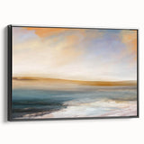Framed abstract landscape wall art in a black frame, showcasing vibrant colors and dynamic shapes, ideal for modern home decor or office spaces.