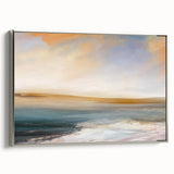 Framed abstract landscape wall art showcasing vibrant colors and a silver frame, perfect for modern home decor. Side view highlights its sleek design and artistic depth.