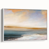 Framed abstract landscape wall art canvas in a minimalist white frame, showcasing vibrant colors and organic shapes, ideal for modern home decor.