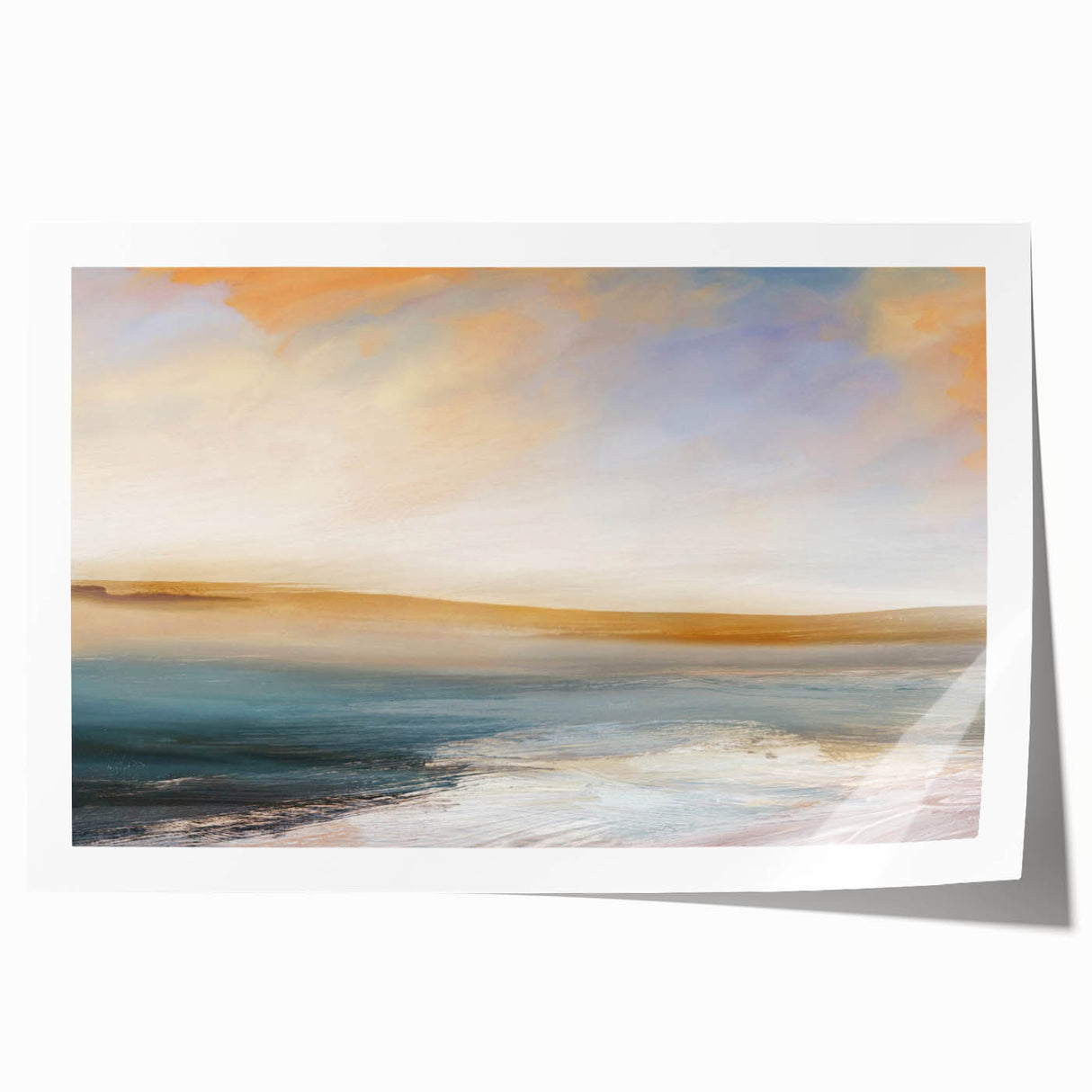 Abstract landscape wall art print showcasing vibrant blues and earthy tones, elegantly rolled for easy display, ideal for modern home decor or art enthusiasts.