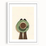 Abstract art print featuring swirling blue and green patterns on a white framed canvas, suitable for dining room decor.