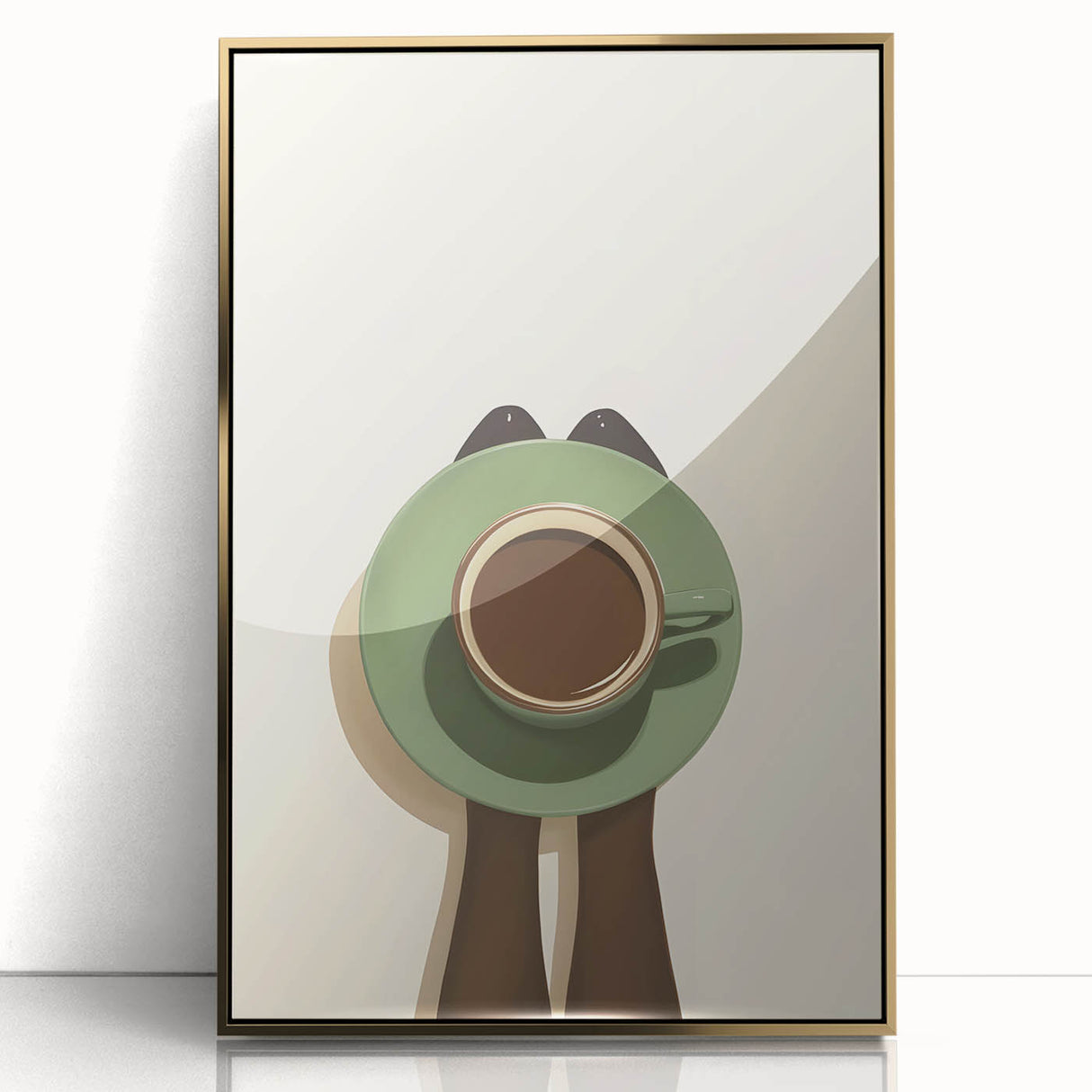 Large art print of colorful food and drinks in a mid-century modernist style on a gold-framed acrylic.