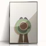 Mid-century modernist art featuring abstract food and drinks motifs in muted colors, framed in silver acrylic.