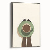 Landscape art painting depicting colorful, vintage-style food and drink items on a black background, framed in silver.