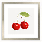 Textured abstract art print featuring assorted fruits in muted colors on a silver framed mat, ideal for bedroom decor.