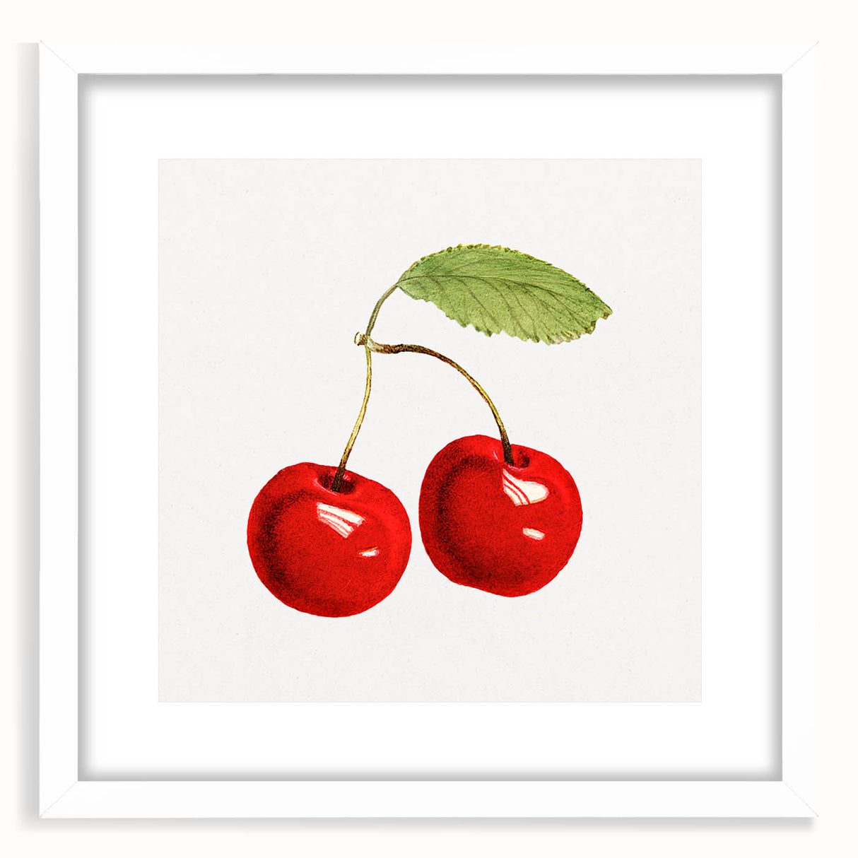 Abstract art print featuring assorted fruits in bold colors on a white framed mat, ideal for dining room decor.