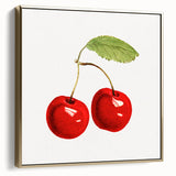 Framed canvas showing a vintage poster of assorted fruits in muted gold and silver tones, suitable for bedroom wall art.