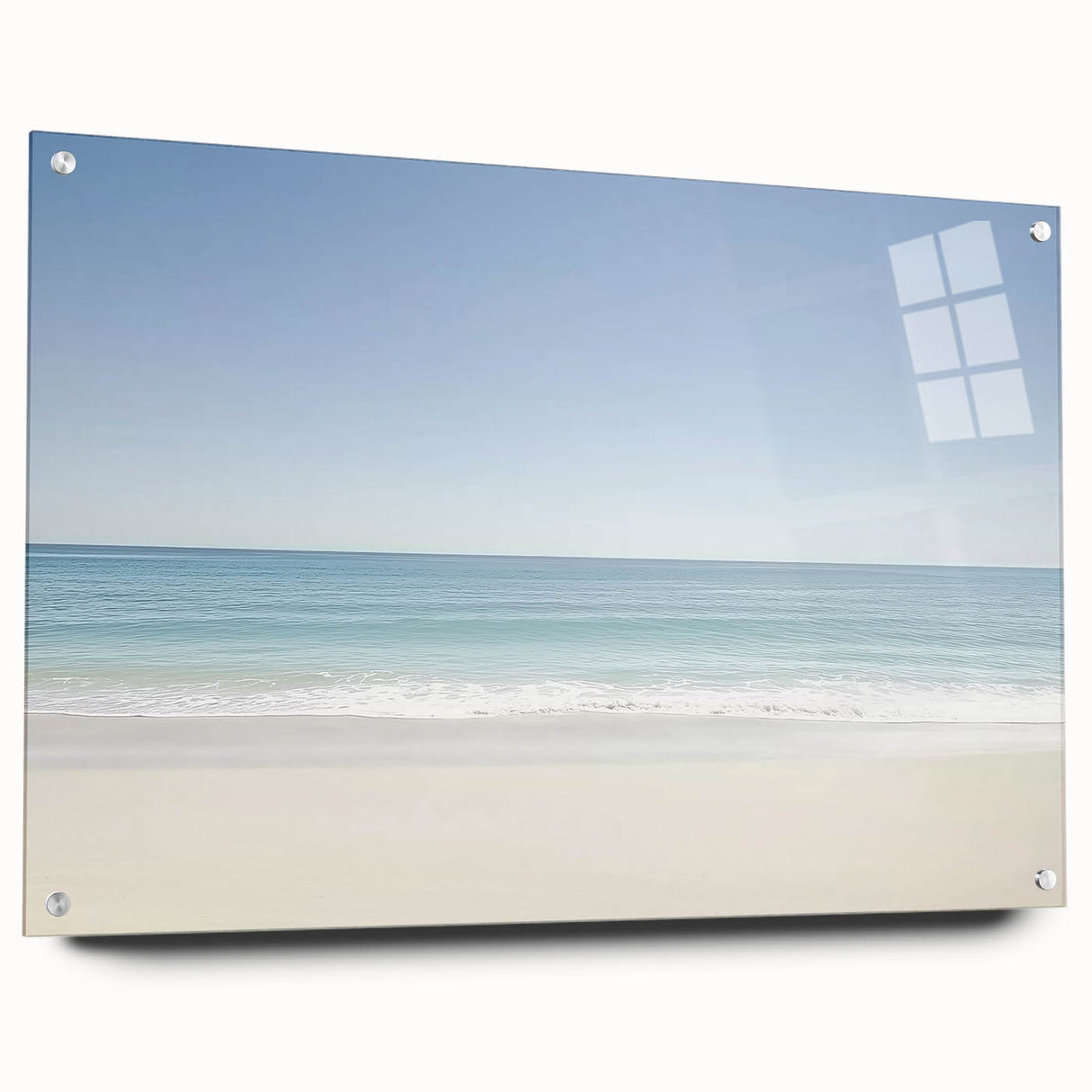 Acrylic glass art piece showcasing a vibrant beach landscape in a side view, featuring colorful pins for hanging. Perfect for coastal-themed decor.