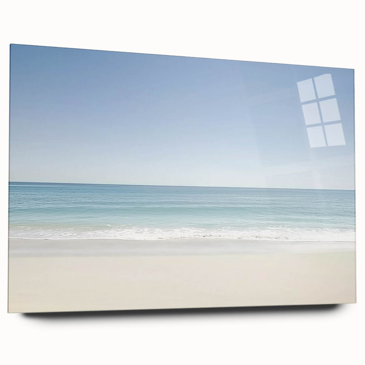 Acrylic landscape artwork depicting a serene beach scene, showcasing vibrant colors and intricate details. The piece is displayed in a side view, emphasizing its elegant design and glossy finish, perfect for coastal-themed decor.