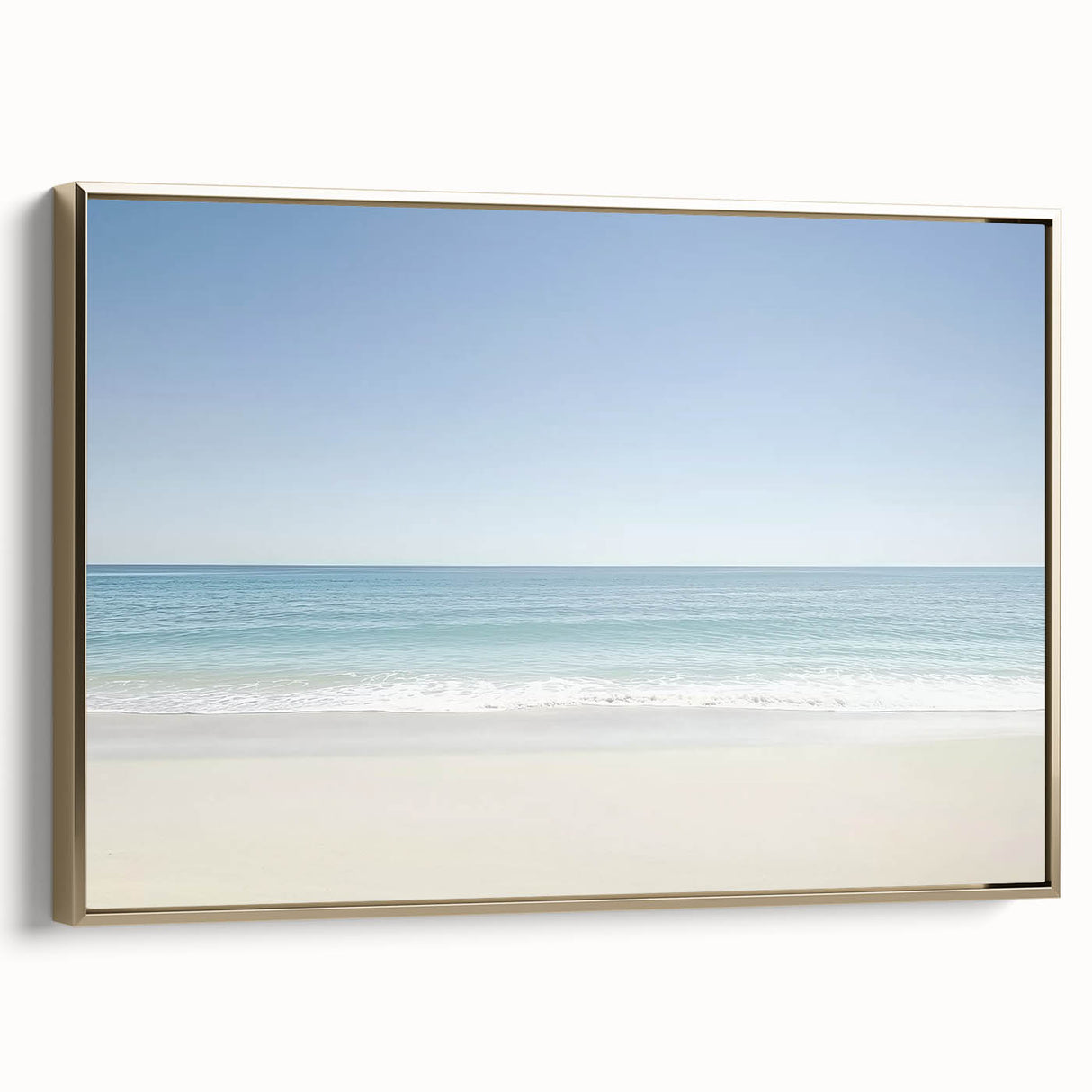 Framed canvas artwork showcasing a vibrant beach landscape in warm tones, featuring a golden frame that enhances its aesthetic appeal, perfect for home decor.