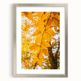 Textured abstract art print in warm autumn hues on a silver-framed canvas, suitable for bedroom decor.