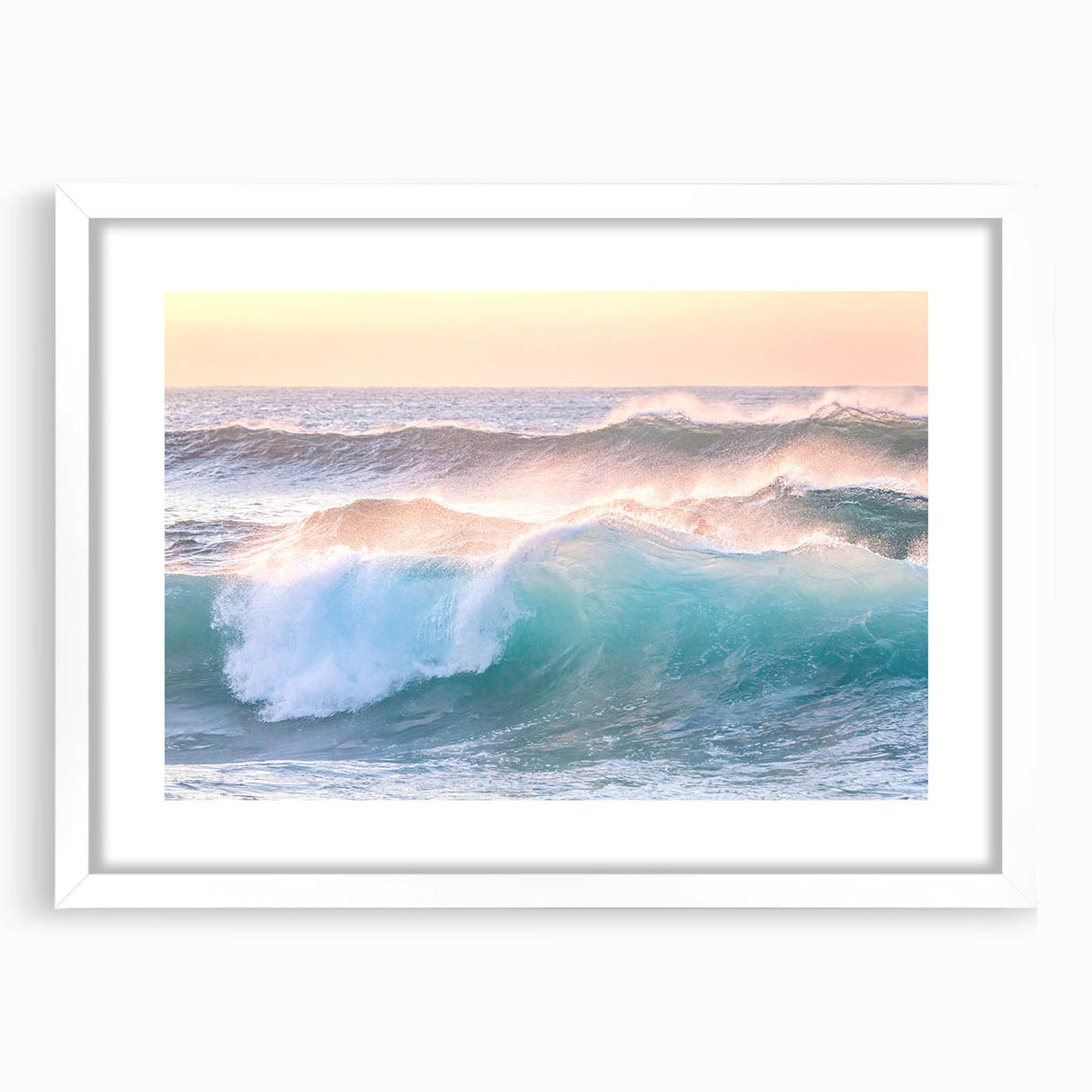 Abstract art print featuring swirling summer hues on white framed canvas, ideal for bedroom or dining room decor.