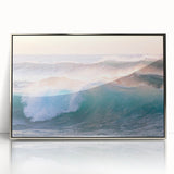 Mid-century modernist art depicting a summer scene, with bright yellow and green tones on a silver-framed acrylic print.