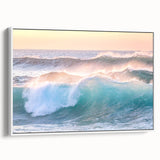 Vintage poster art of summer season with vibrant colors on a white framed canvas, suitable for living room decor.