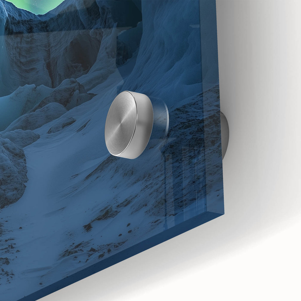 Vibrant close-up of an acrylic glass artwork depicting dramatic cliffs and serene landscapes, showcasing intricate details and rich colors for modern decor.