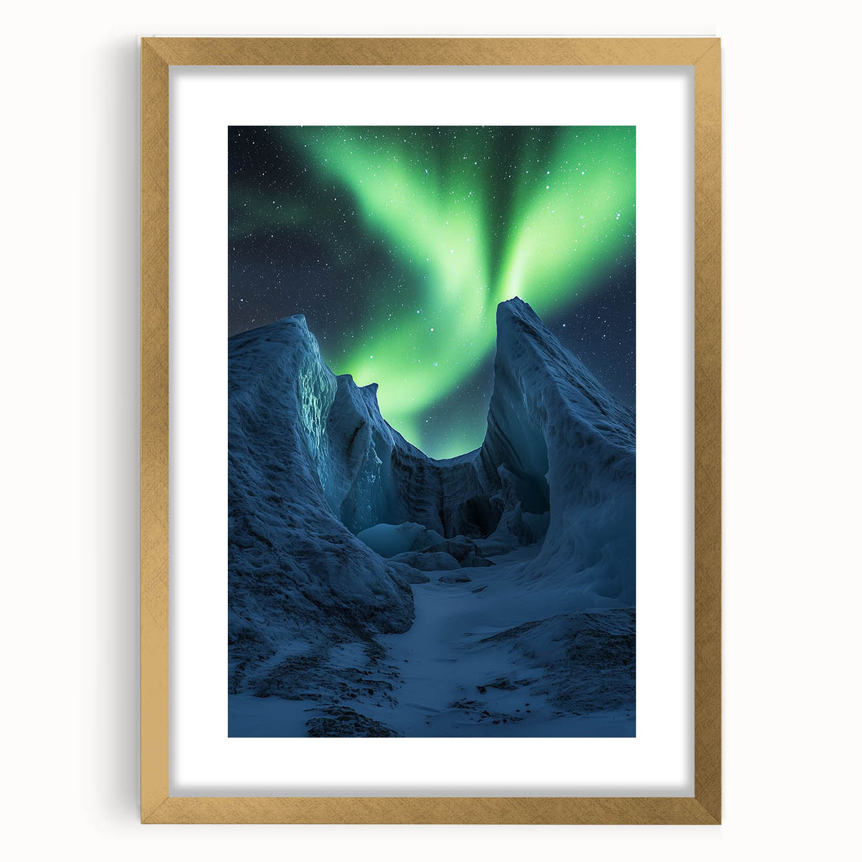 Framed landscape artwork depicting dramatic cliffs with a gold matting, showcasing vibrant colors and intricate details, ideal for home decor or office settings.