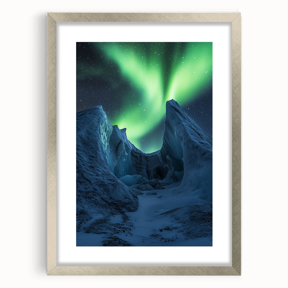 Silver-framed landscape artwork depicting dramatic cliffs against a vibrant sunset, featuring a white mat for added elegance, perfect for home decor.