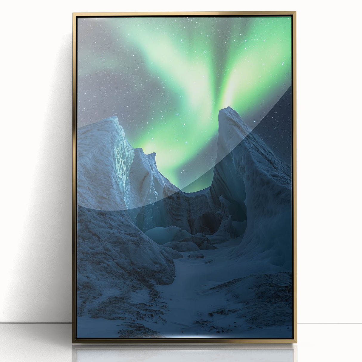 Framed acrylic artwork showcasing a stunning cliff landscape with vibrant colors and intricate details, set against a gold frame, perfect for enhancing modern decor.