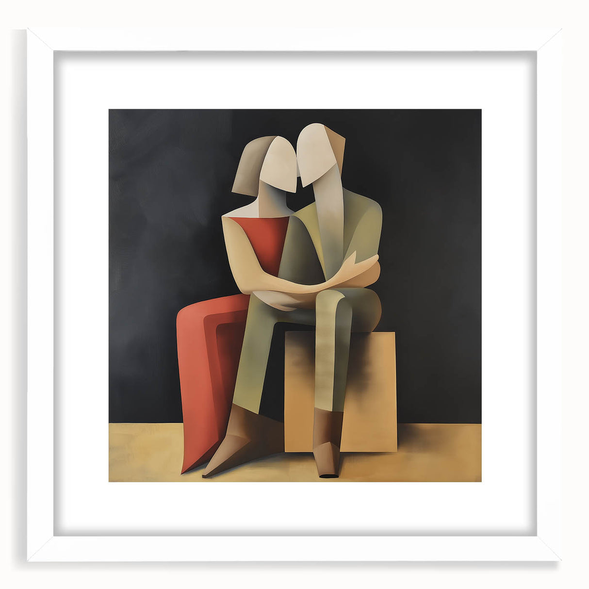 Abstract figurative art frame with a white mat, showcasing vibrant colors and dynamic shapes, perfect for modern home decor. Ideal for gallery walls or artistic displays.