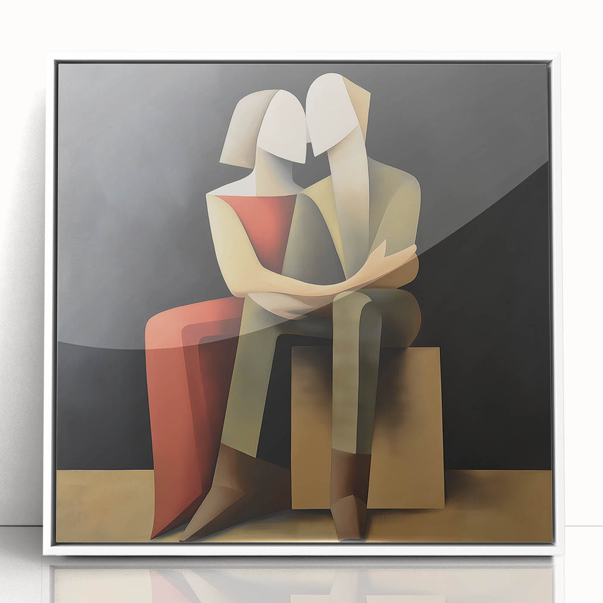 Framed abstract figurative art piece featuring vibrant colors and dynamic shapes, displayed against a white background, perfect for modern home decor.