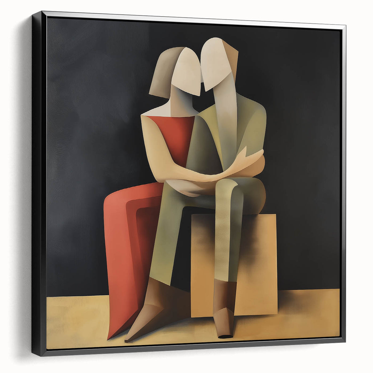 Abstract figurative framed canvas artwork showcasing a striking black design, elegantly displayed from a side view, perfect for modern home decor.